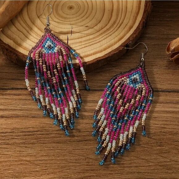 Colorful Beads Tassel Dangle Pink and Blue Earrings Retro Bohemian Style - Picture 1 of 10